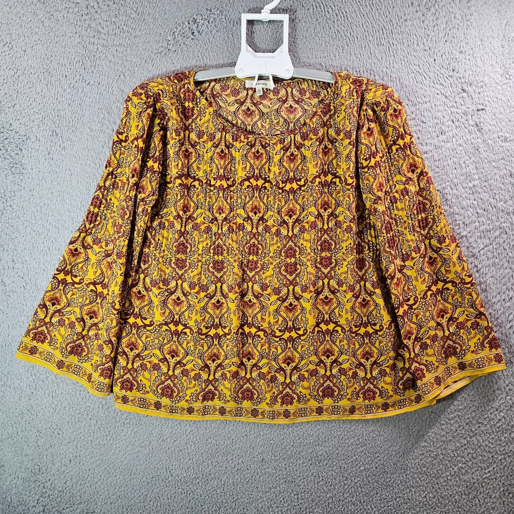 Max Studio Lightweight Top Blouse Women XS Geometric Print Pleated Maroon Yellow